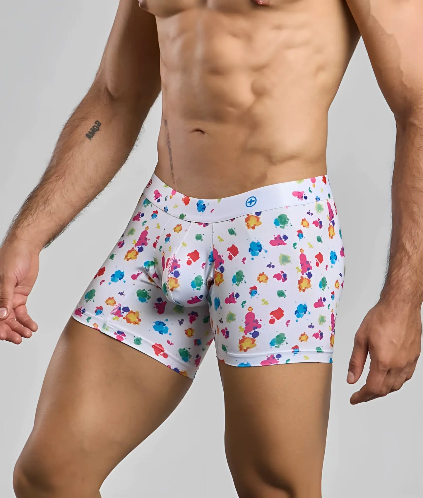 Malebasics boxer brief hipster in white with vibrant multicolored paint splatter pattern for bold style