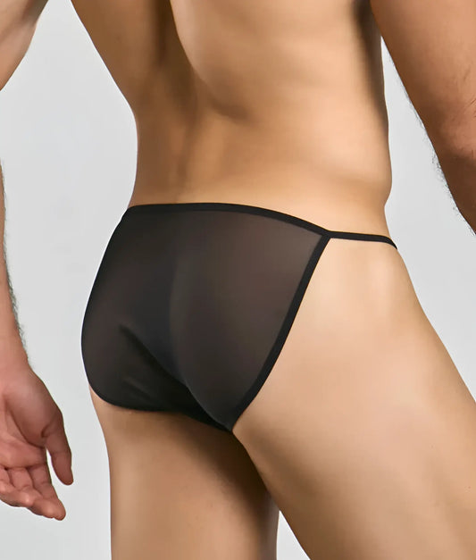 MOB men’s sheer bikini black sheer mesh briefs with a sleek minimalist design visible from the front side