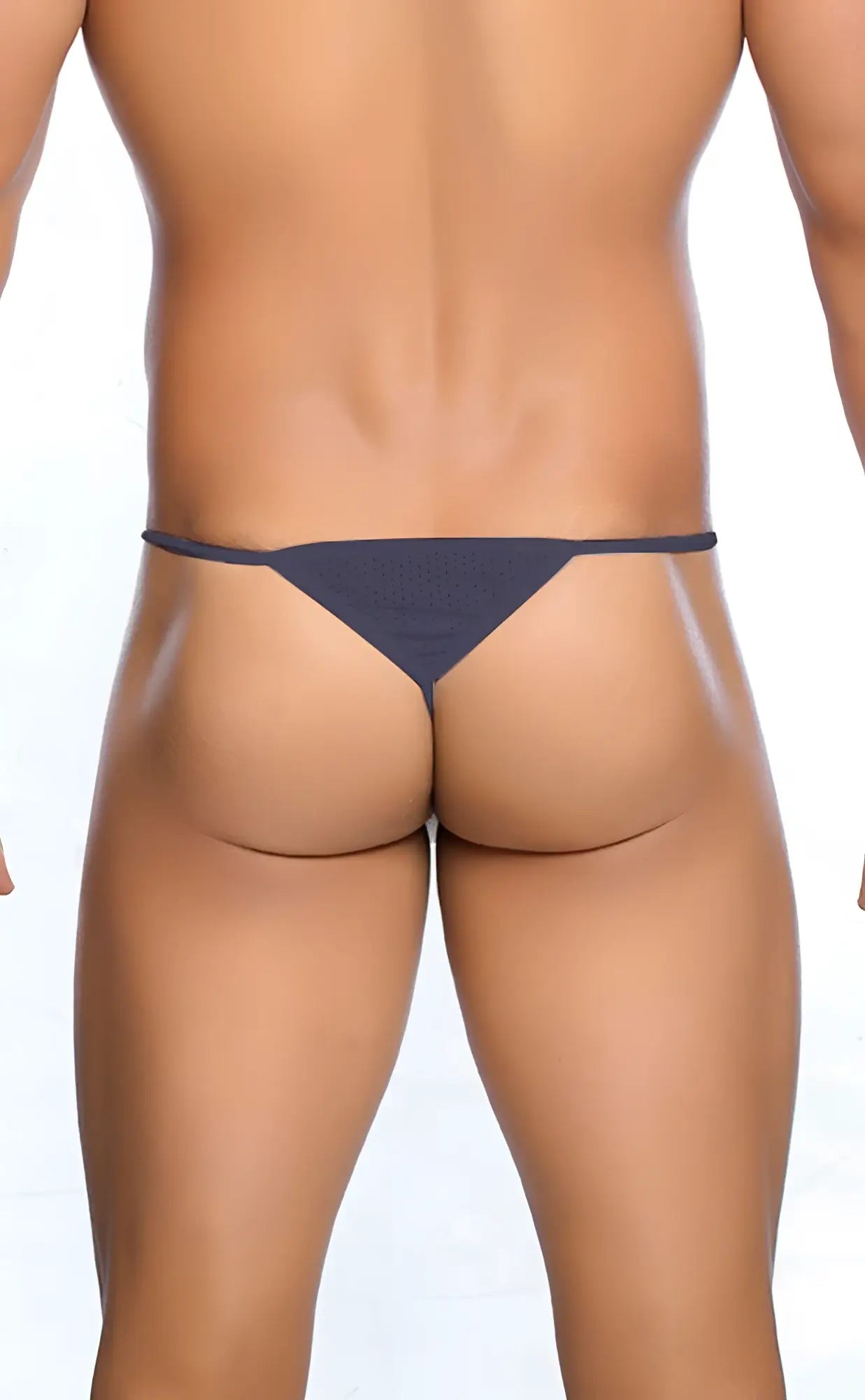 Dark gray minimalist microfiber g-string with thin straps and smooth fabric finish for men by mob shown from the back
