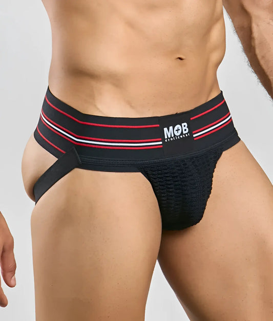 Black mob eroticwear men 3 inch wide classic jockstrap with red and white striped waistband front view