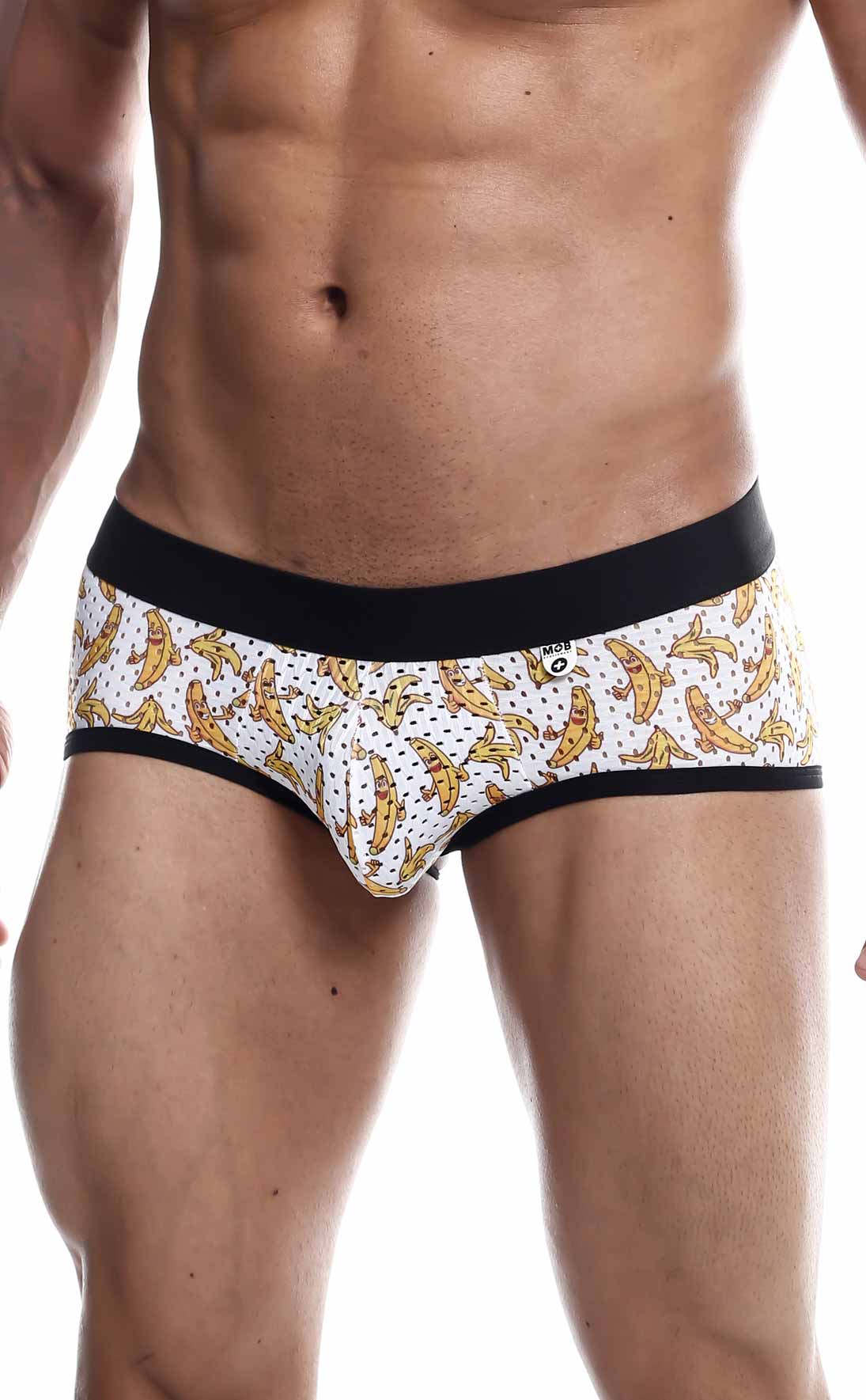 White mob aero brief with banana pattern black elastic waistband and trim for comfortable everyday wear
