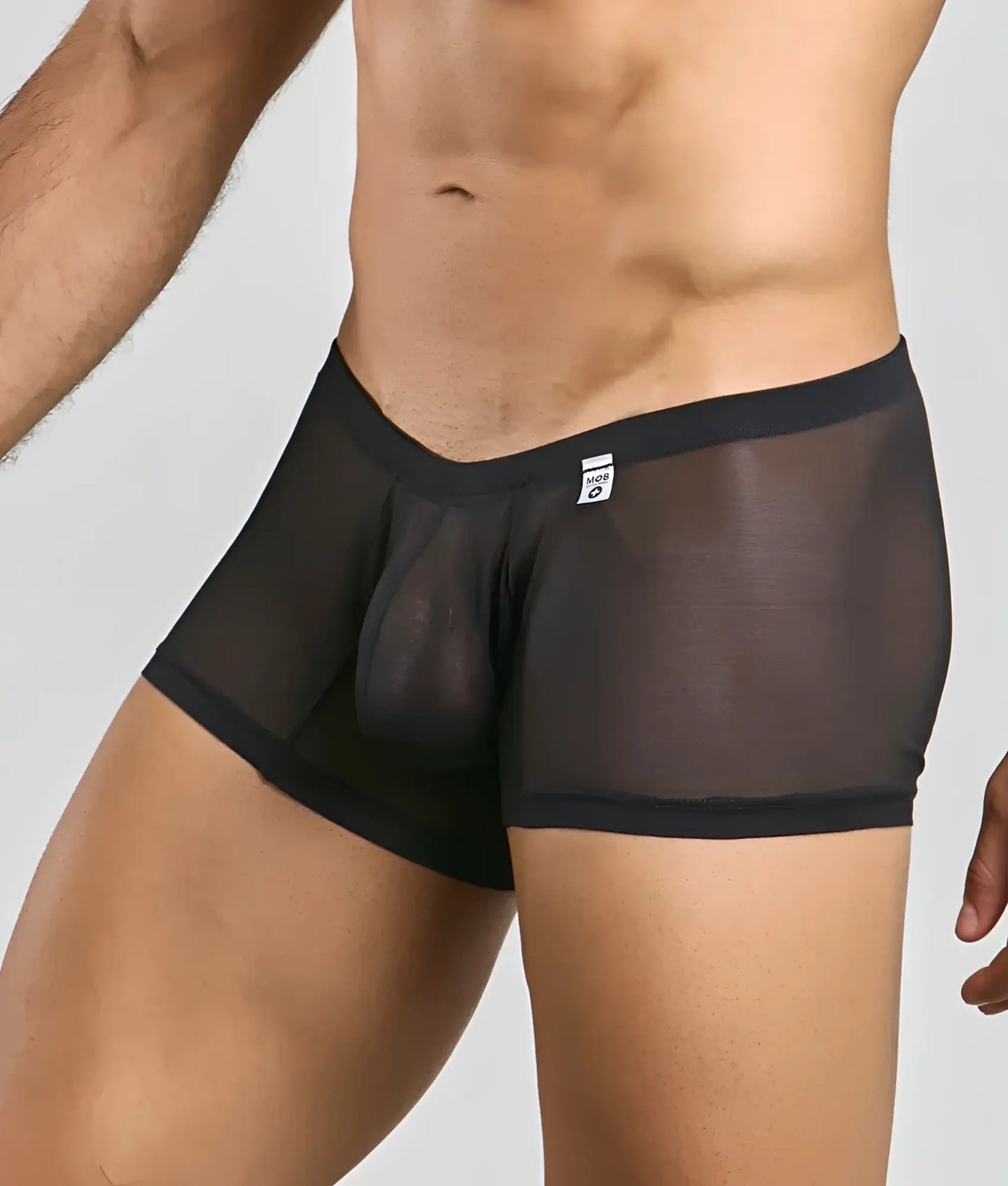 Black sheer mesh briefs with solid black waistband and leg openings in MOB men’s lace boxer style