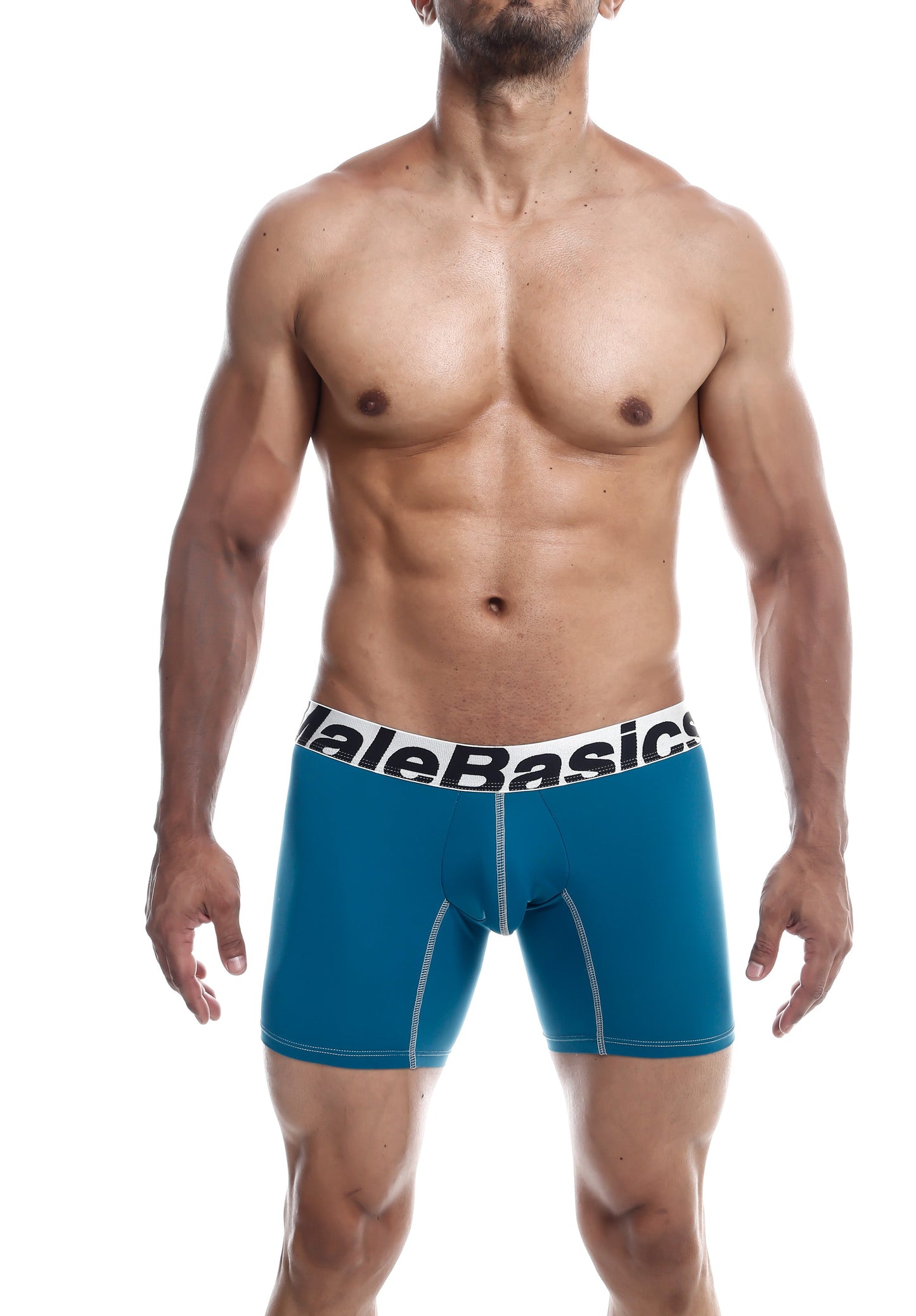 Blue men’s microfiber boxer briefs with a white malebasics logo waistband for comfortable everyday wear