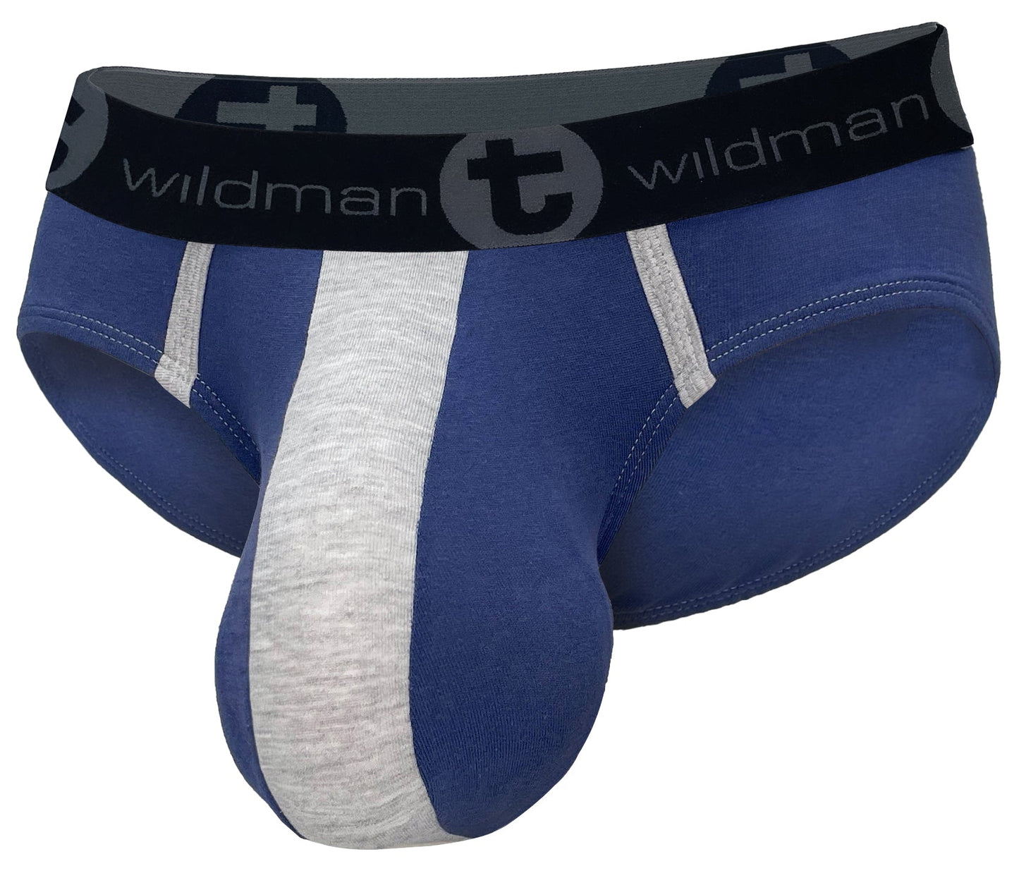 Dark blue and gray cotton brief with a contrast front pouch and black WildmanT branded elastic waistband.
