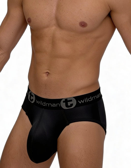 WildmanT black mesh brief with a contoured pouch and black waistband featuring the brand logo in silver.