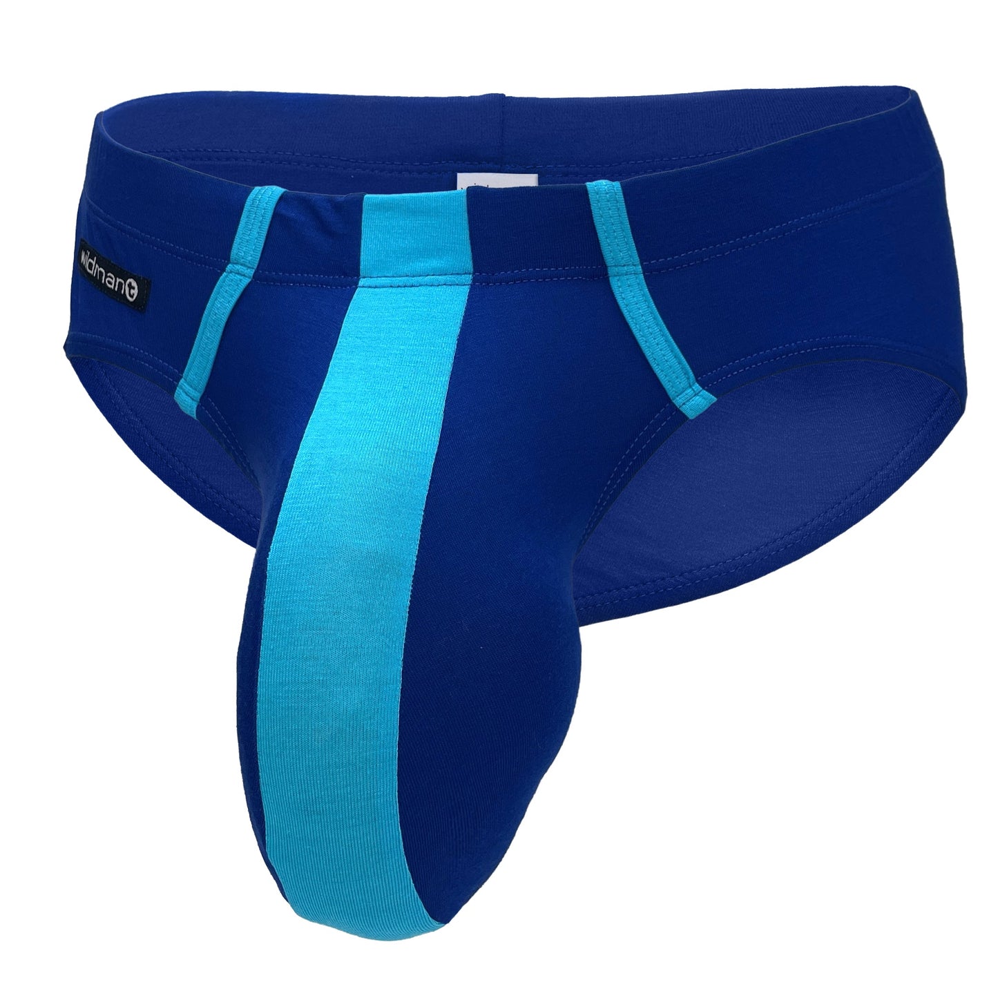 Royal blue modal brief with a prominent baby blue front panel, side piping, and a small WildmanT brand tag.