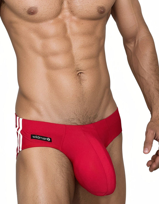 Red WildmanT swim brief with white side stripes and a black brand logo patch on the hip.
