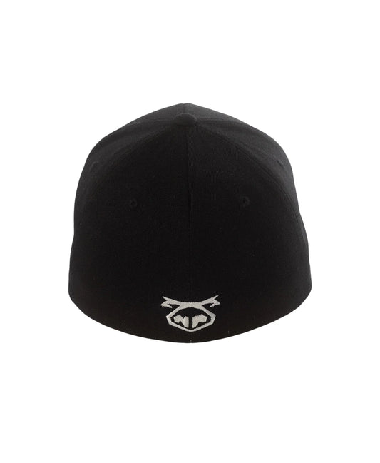 Black fitted mechanic cap showing the back with a white embroidered logo on the cotton fabric