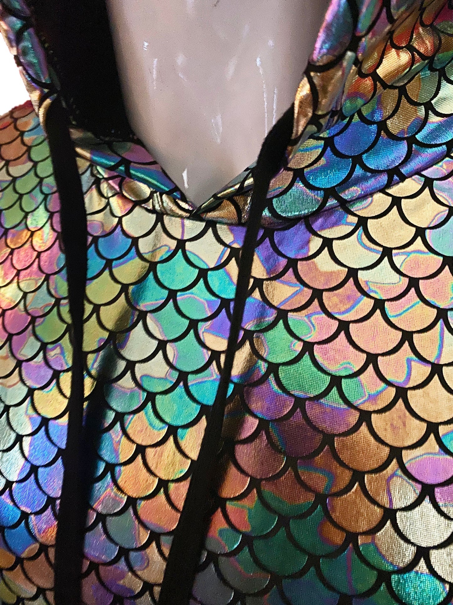 Merman hooded crop tank shimmering iridescent hoodie with rainbow hues and black scale pattern outlines