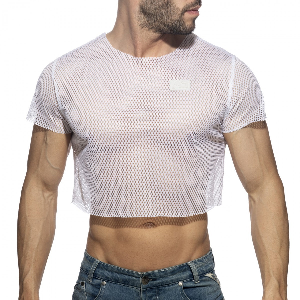 White mesh crop top with short sleeves and round neckline made of breathable mesh fabric for casual wear