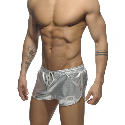 Shiny silver metallic shorts with drawstring waistband and side pockets in metallic short product image