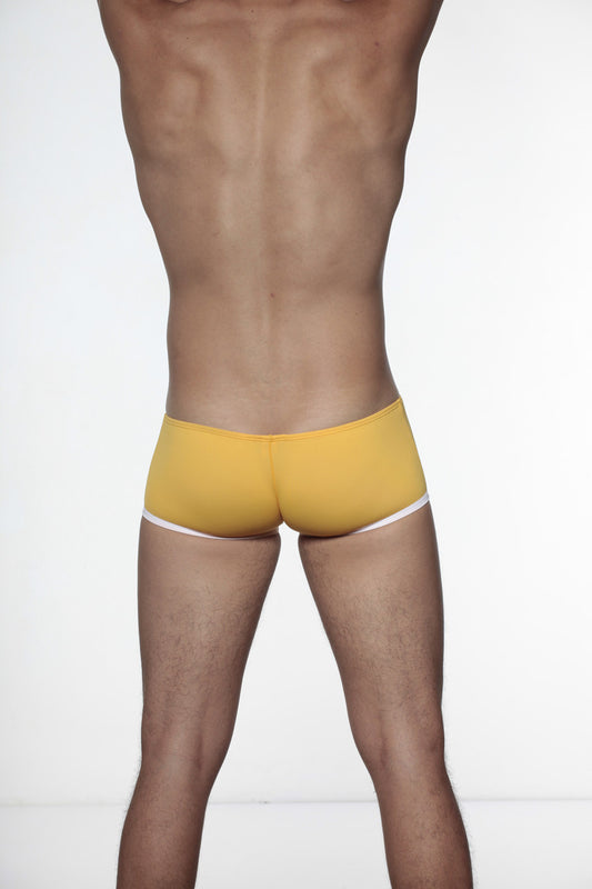 Yellow super extra low cut boxer briefs with white trim from groovin underwear for comfortable everyday wear