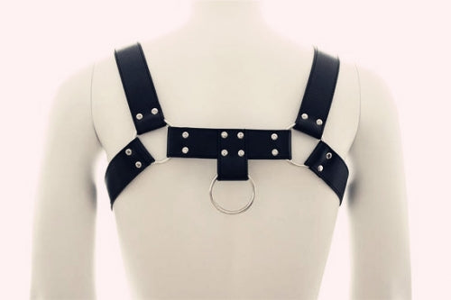 Black leather harness with silver metal studs and central ring from metromalewear bulldog leather harness mh1
