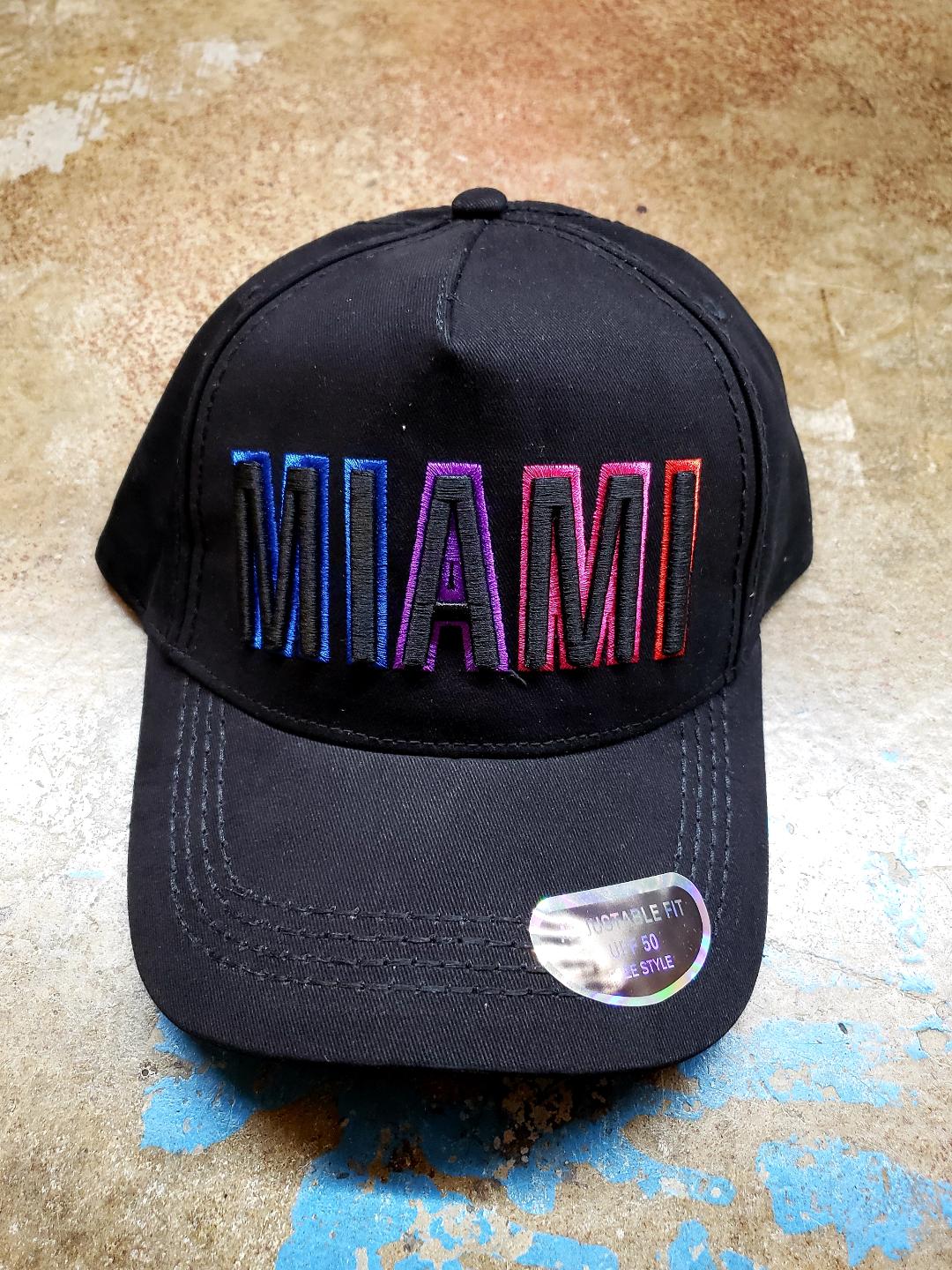 Black miami baseball cap with gradient rainbow embroidered logo on front ideal for casual wear