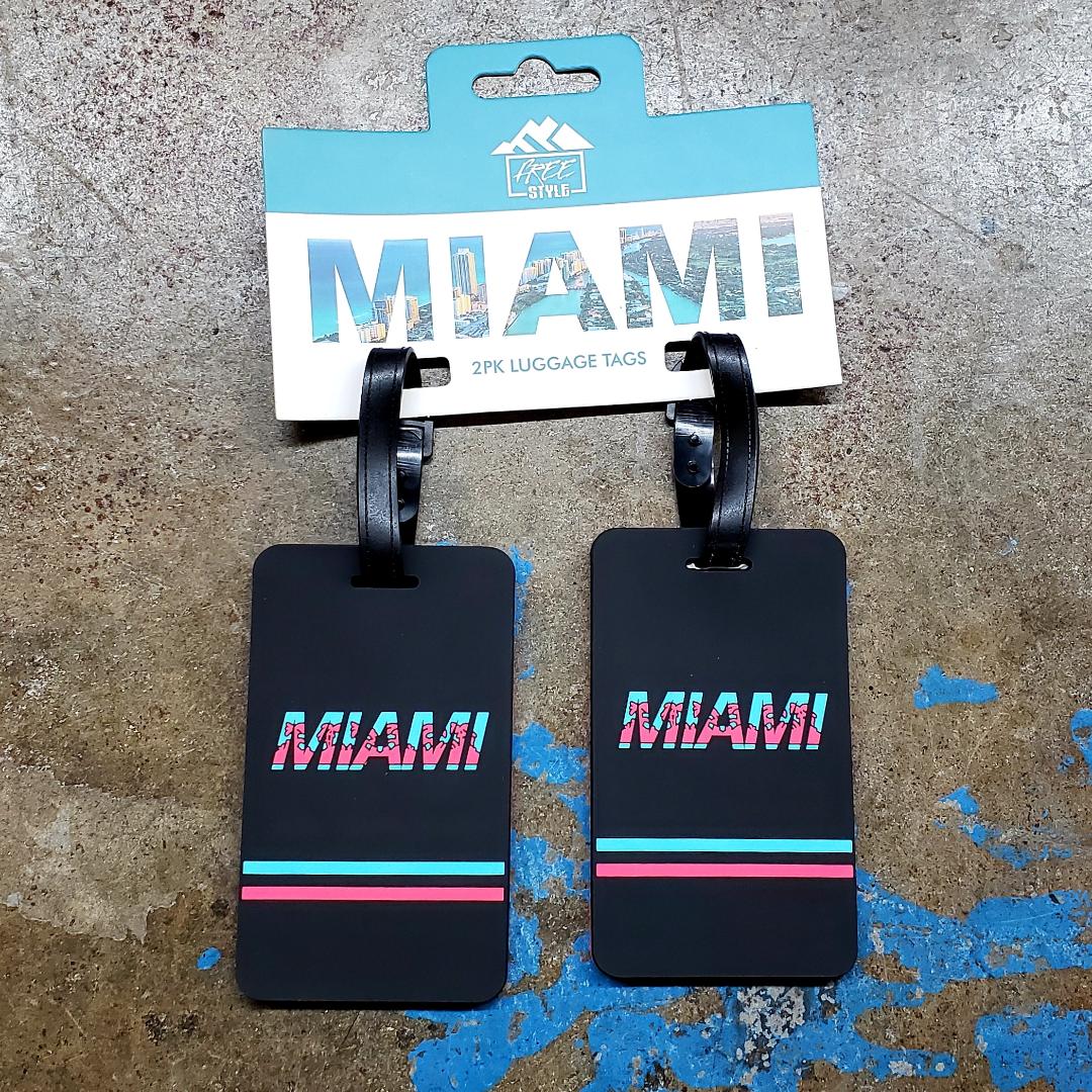 Black rectangular miami luggage tags set of 2 with retro pink and cyan lettering and matching horizontal stripes