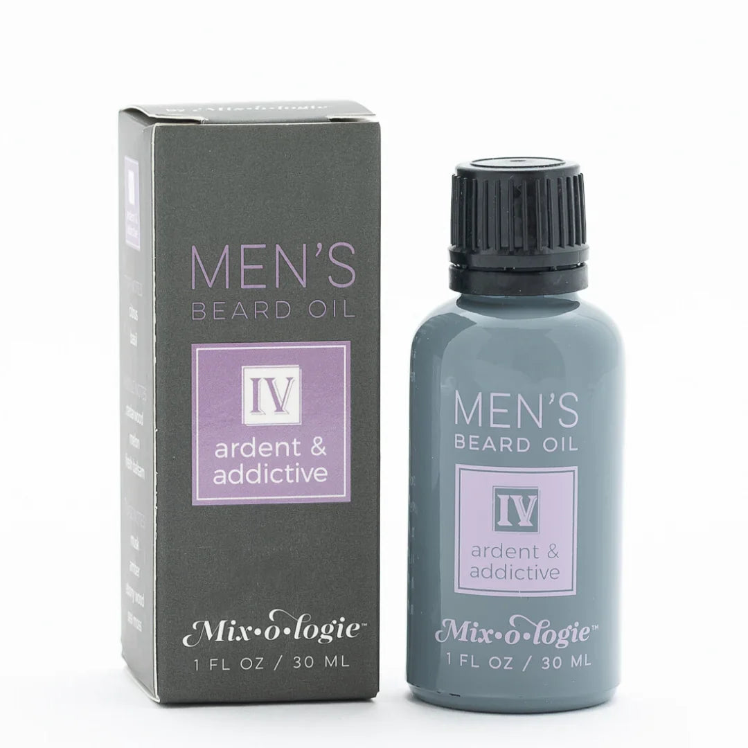 A sleek dark gray glass bottle of mixologie beard oil with a black cap and lavender label ardent and addictive scent