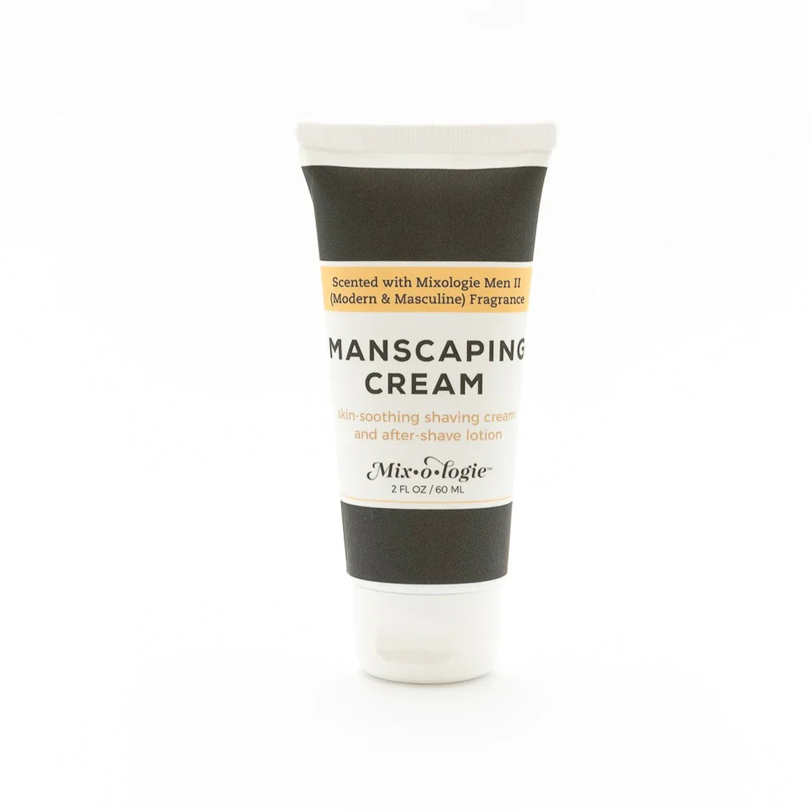 White tube of mixologie manscaping cream shave lotion sent ii with black and beige label for grooming use