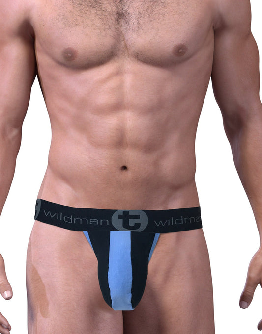 A man wearing a black and light blue stretch cotton strapless jockstrap with a large pouch and branded waistband.