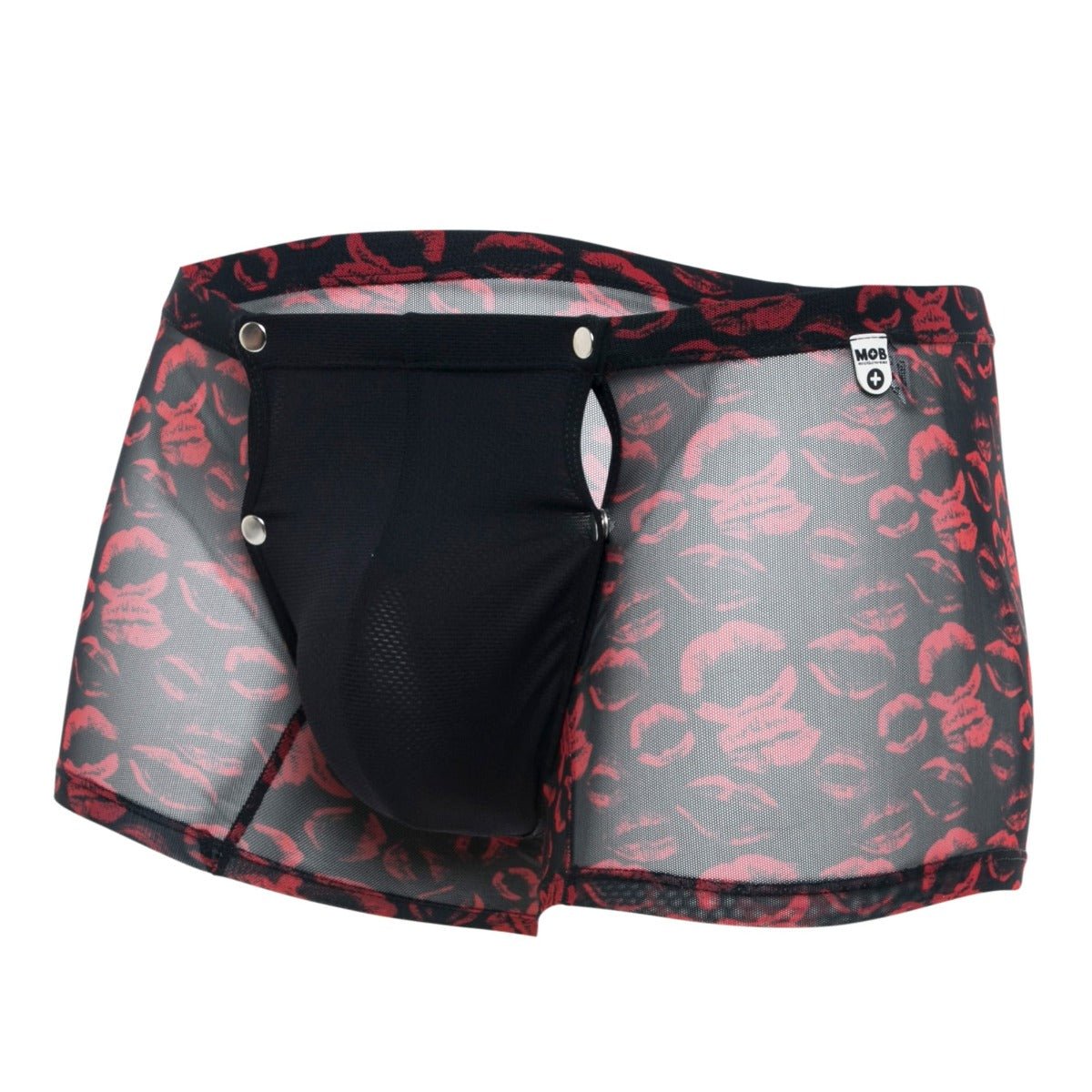 Mob men’s boxer tull pouch mesh briefs in black with bold red lipstick print and silver snap closures