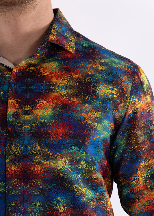 Multicolor patterned long sleeve button-down shirt with vibrant iridescent kaleidoscopic design in blues reds oranges and greens