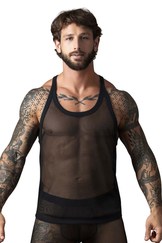 Male power 110-11c fishnet black tank top with reinforced shoulder straps and solid black trim at the waist