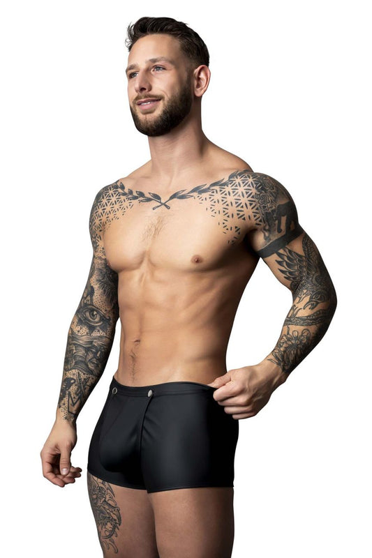 Male power 120-298 oh snap snap off short in black sleek form-fitting swim trunks with subtle front zipper detail