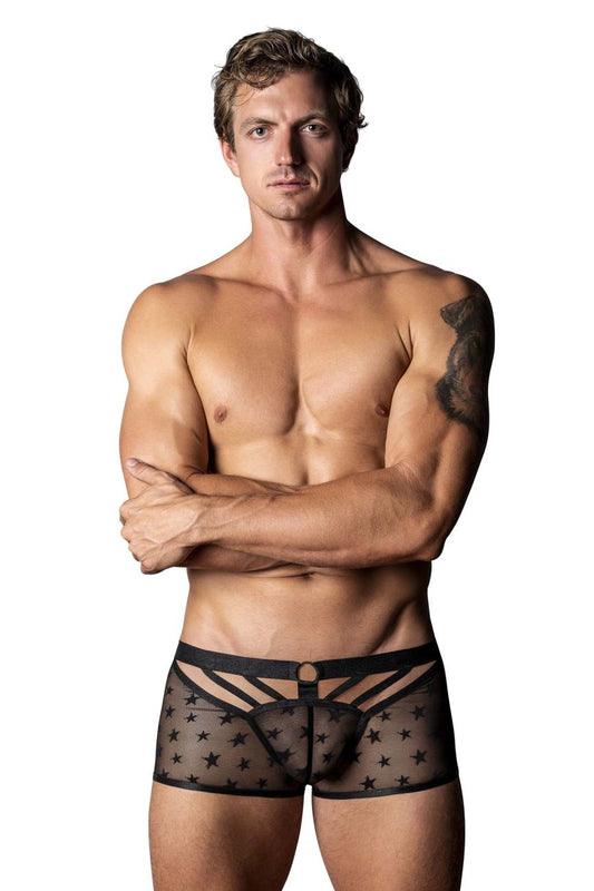 Male power 122-291 love star short black sheer men’s briefs with star pattern and geometric design