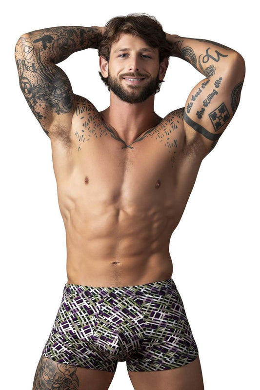 Male power 148-303 gridlocked strappy back short color printed black white and green geometric patterned men’s briefs back view