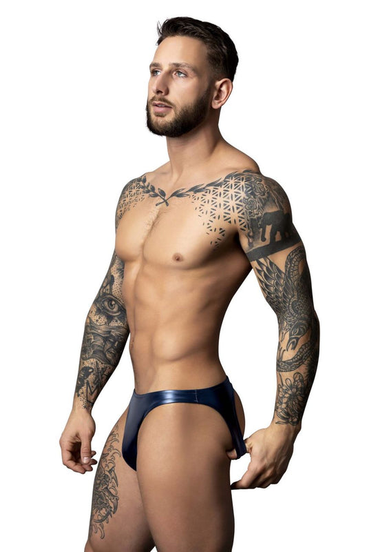 Navy blue shiny latex briefs male power 300-301 liquid onyx 2.0 moonshine color blue front view