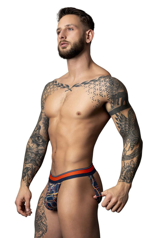 Male power blue and red patterned men’s briefs with geometric design navy-orange color for comfortable wear