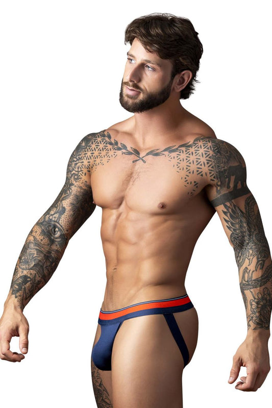 Male power 349-299 soo cumfy jockstrap in navy blue and orange with a supportive contoured athletic brief design