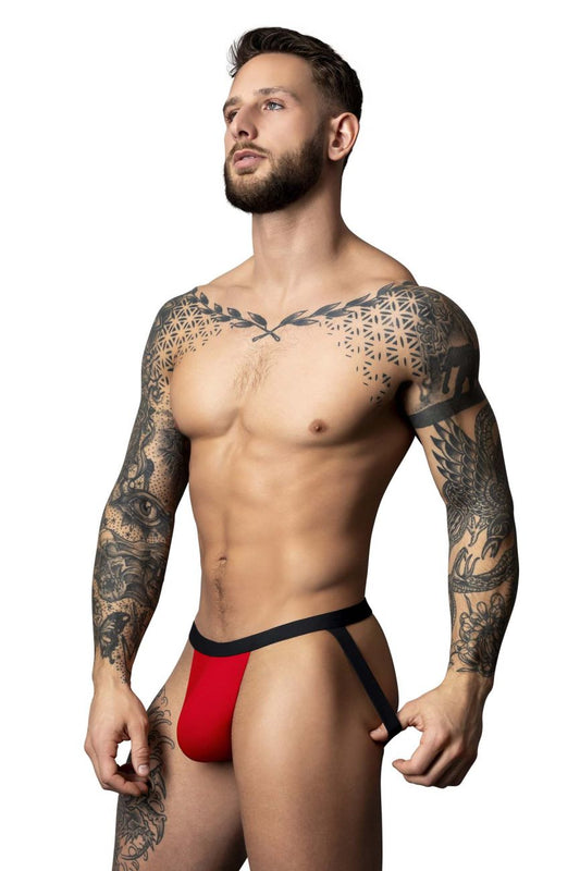 Male power 349-300 hot mesh jock in black and red with bold modern design athletic briefs for men