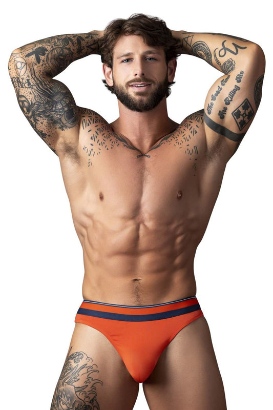 Male power 412 299 soo cumfy thongs in orange with navy blue striped waistband designed for comfort and support