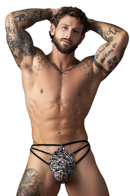 Male power 419-303 gridlocked thong briefs with black and purple geometric color printed fabric and ring strap details