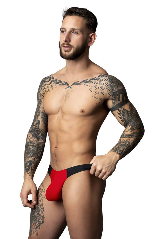 Male power 442-300 hot mesh bong thong in black and red with a sleek, form-fitting athletic brief design