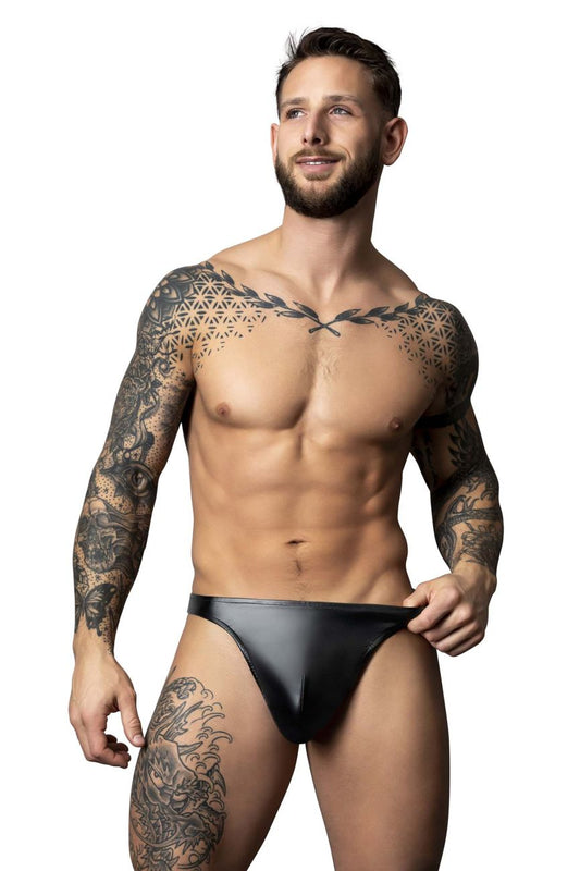 Black leather briefs male power 442-301 liquid onyx 2.0 bong thong color black showing back side view
