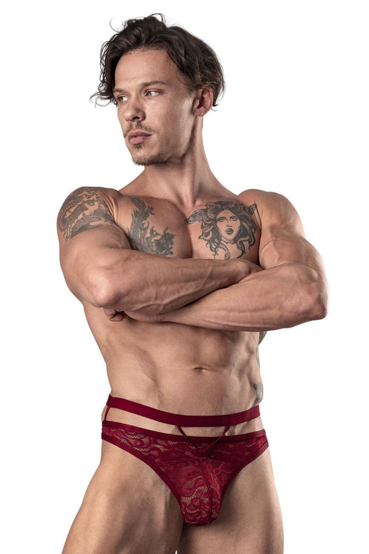 Male power 446-289 lucifer cut out strappy thong in burgundy with maroon lace floral patterns and contoured design