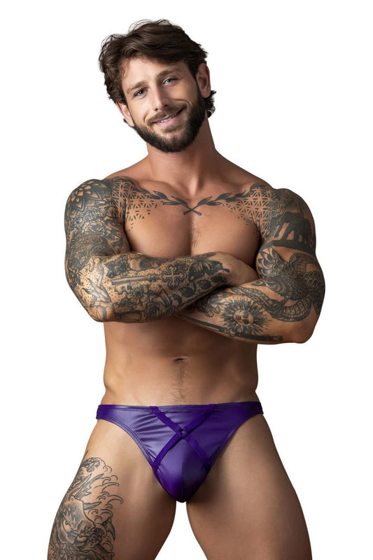 Male power 447-302 eggplant crossover thong in plum satin briefs with sheer mesh panel and crossed front straps