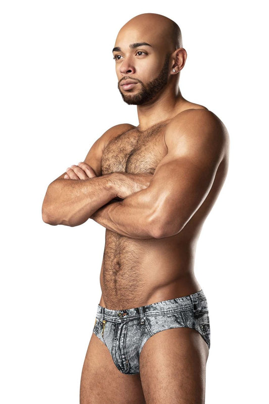 A pair of male power 486-286 dirty denim bikini briefs with faded gray and black denim print and realistic stitching
