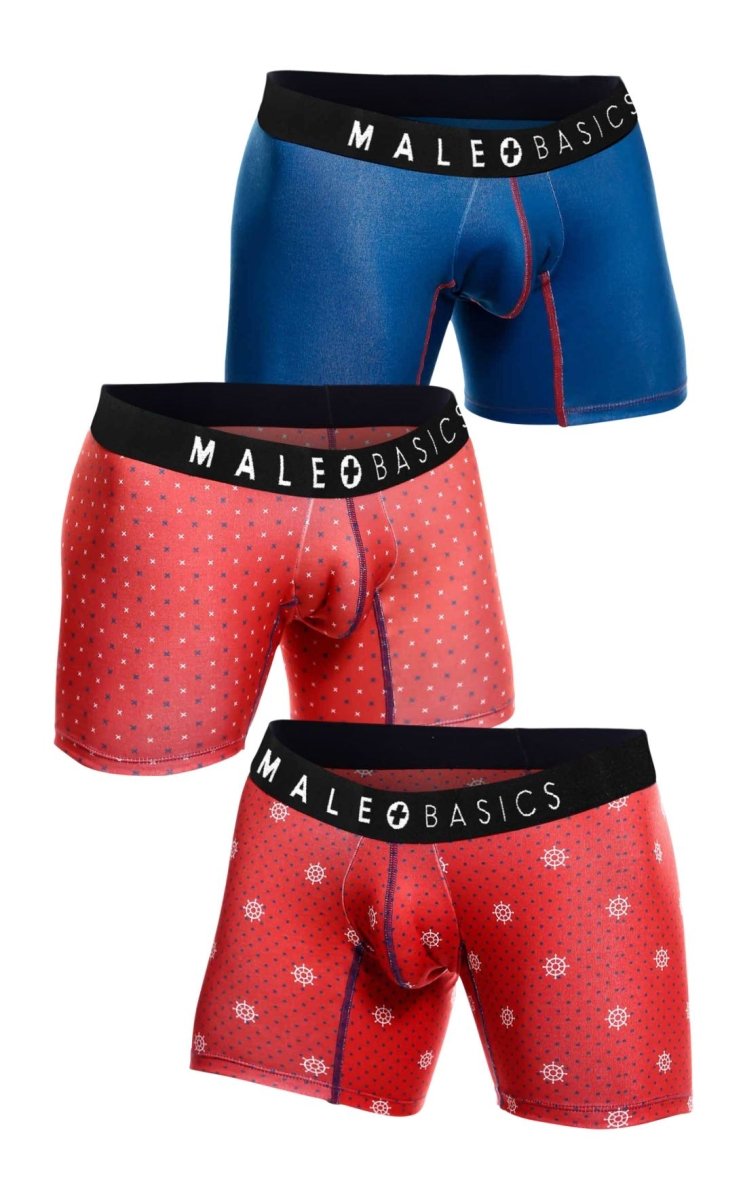 MaleBasics 3-Pack Timon boxer briefs set in blue solid red with white polka dots and red with white snowflake patterns