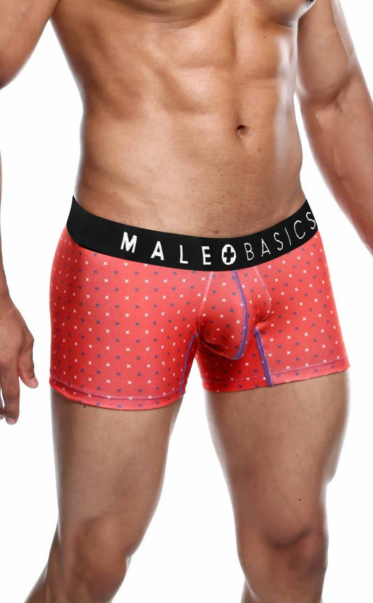 Red patterned men’s boxer briefs with black waistband featuring male basics logo from malebasics 3 pack trunk timon