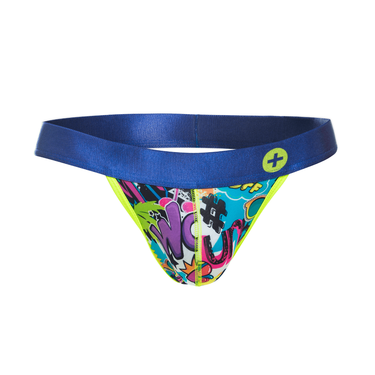 Malebasics hipster jockstrap comics with vibrant graffiti print, solid blue waistband, and neon yellow trim