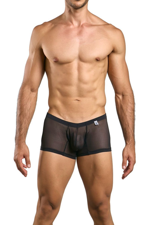 Malebasics mbl78 lace trunks in black sheer mesh briefs with solid waistband and white logo on front
