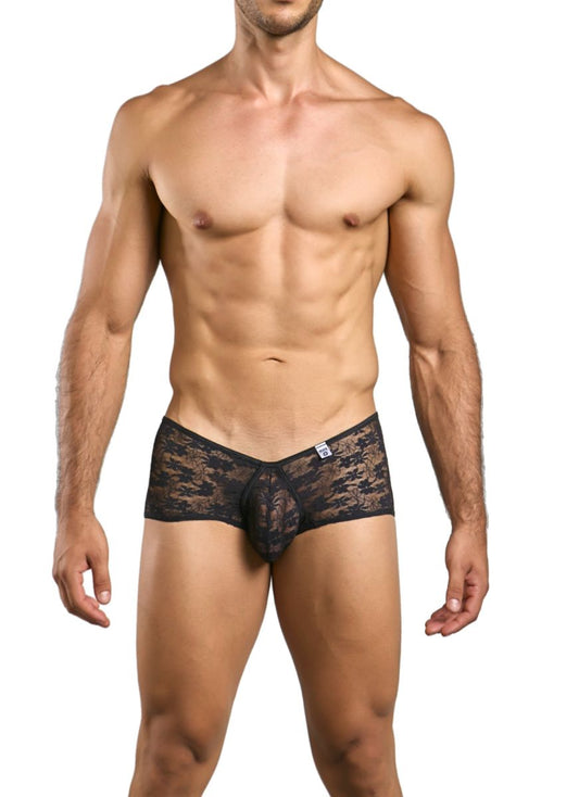 Black lace malebasics mbl83 loop cheeky trunks with intricate floral pattern showcasing the back side design