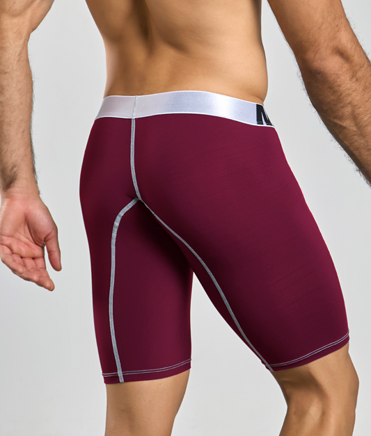 Maroon microfiber athletic boxer briefs with silver waistband and matching stitching for male basics final sale