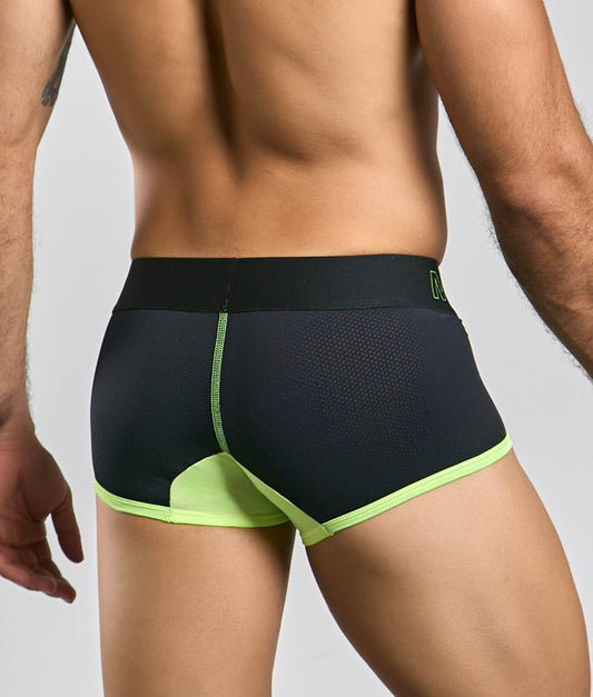 MaleBasics neon trunk black athletic briefs with neon green trim and breathable mesh detailing for active wear