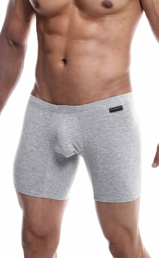 Gray heathered men’s boxer briefs with contoured pouch and black brand tag from malebasics silver plus 3 pack