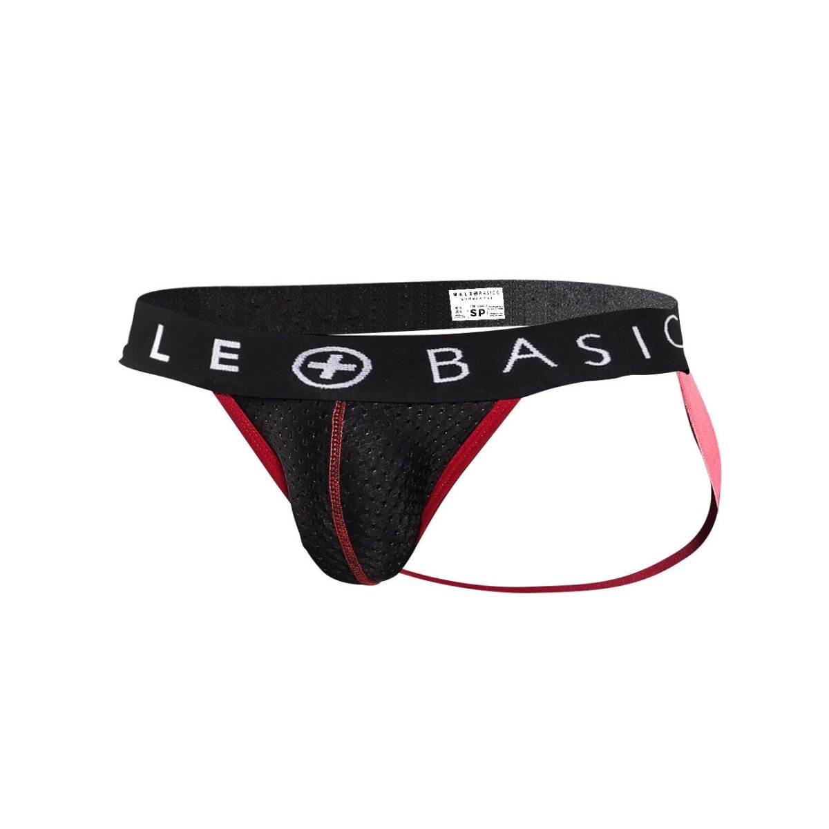 Black and pink mesh athletic brief with branded waistband malebasics spot jockstrap black front view