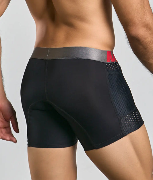 Black malebasics titanium pocket boxer brief with gray waistband red branding and side mesh panels