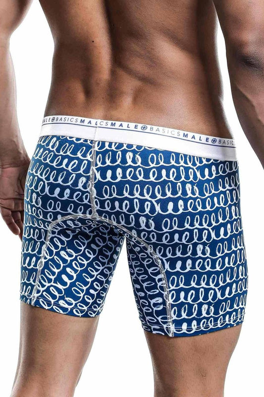 Male basics boxer brief hipster crete with blue and white patterned swirl design for comfortable daily wear